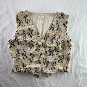 Peach Floral Cream Button Up Vest Women's Sz L Boho Western Fairy Cottagecore